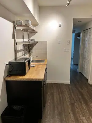 a kitchen with a counter with a microwave at Dt 1Bed 1bath Cozy Suite 8 Min Walk To Arena in Edmonton