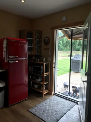 a kitchen with a refrigerator and a door to a yard at 1868 Noble Cottage in Clearwater