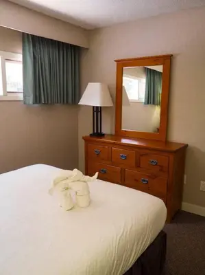 a bedroom with a bed with a dresser and a mirror at Cozy apartment in the heart of Panorama in Panorama