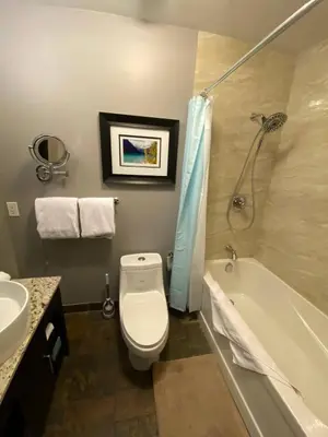 a bathroom with a toilet and a tub and a sink at Sweet Condo Canmore GR\uff1a\uff09 in Canmore