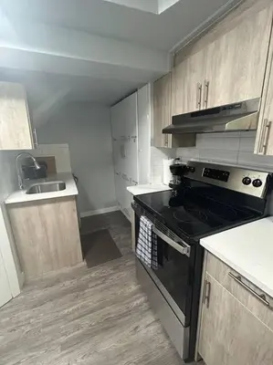 a small kitchen with a stove and a sink at Cute Highlandpark (Lower B Unit) in Calgary