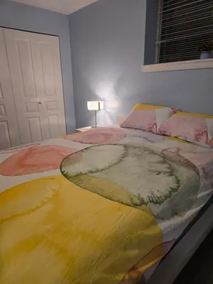 a bedroom with a bed with a painting on it at Private basement suite in Langley