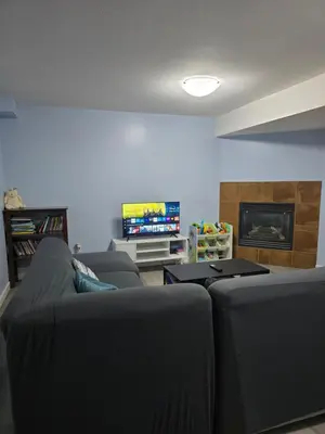a living room with a couch and a tv at Private basement suite in Langley