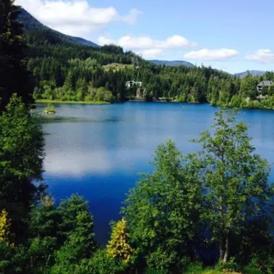 a view of a large lake in the middle of a forest at Whistler Studio by Gondola & Free Parking in Whistler