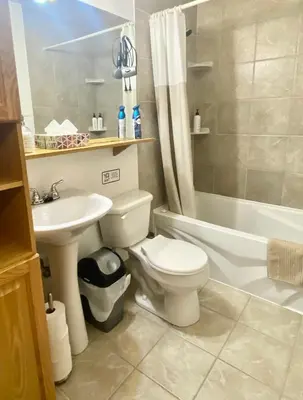 a bathroom with a white toilet and a sink at Mountain View Executive Suite in Grande Cache