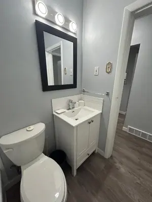 a bathroom with a toilet and a sink and a mirror at Cute Highland Park Entire Unit A in Calgary