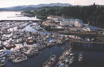 an aerial view of a marina with boats in the water at Quarterdeck Inn Port Hardy in Port Hardy