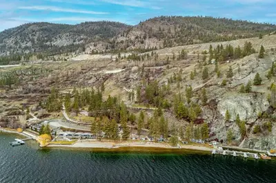 an aerial view of a resort in the middle of a lake at Family-friendly Cottage with amazing views in West Kelowna