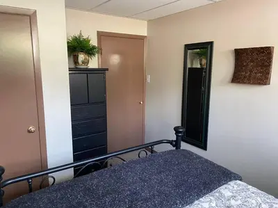 a bedroom with a bed and a dresser and a mirror at YEG Chic Luxury Accommodation in Edmonton