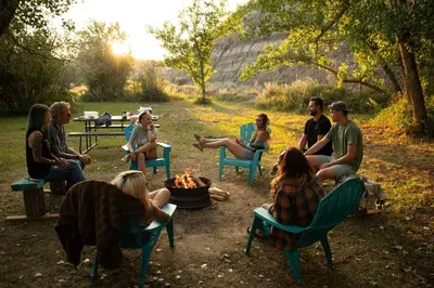 a group of people sitting around a fire at #Y4 Aurora Haven Yurt in Drumheller