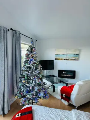 a living room with a christmas tree in it at Armand Heights in Ganges