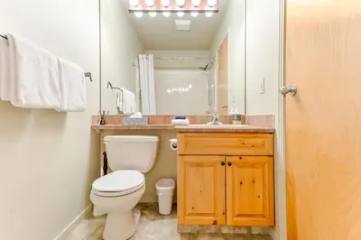 a bathroom with a toilet and a sink and a mirror at Timberline Condos - Aspen Building in Fernie