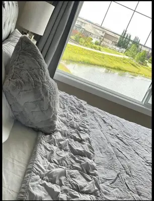 a bed with a pillow in front of a window at Best home with lake view in Edmonton