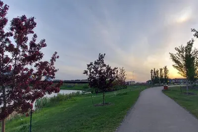 a path through a field with trees and a river at Cozy 2-Bedroom Basement Guest Suite with Private Entrance and Proximity to the Airport in Edmonton