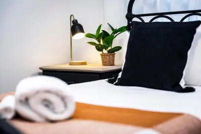 a bed with a black pillow and a plant on a table at Tucker's Place in Revelstoke
