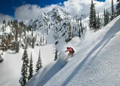 a person is skiing down a snow covered mountain at Tucker's Place in Revelstoke