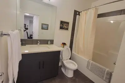 a bathroom with a toilet and a sink and a shower at Brand New Suite in the Lakes in Calgary