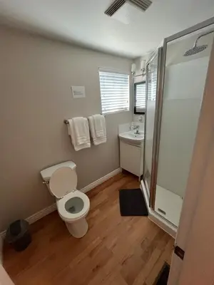 a bathroom with a toilet and a shower and a sink at King and Queen rooms -J&J Chilliwack in Chilliwack