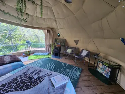 a room with a bed and a tv in a tent at D3 Rainforest Getaway Dome- 2Dbl beds in Drumheller