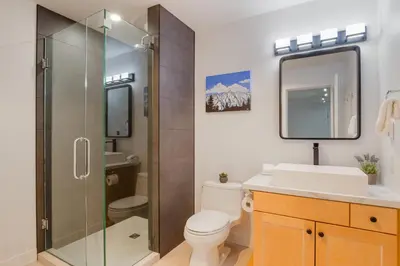 a bathroom with a shower and a toilet and a sink at 4BR in Blueberry Hill Estates, Mountain Views, Large Family Home, Wood Fireplace, Balcony in Whistler
