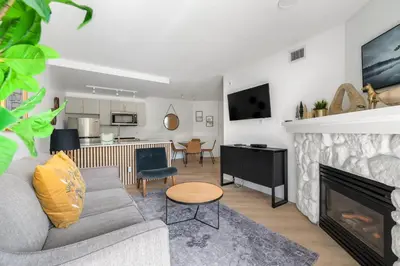a living room with a couch and a fireplace at a fully renovated condo near village centre with MT view and close to lift in Cascade lodge in Whistler