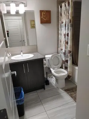 a bathroom with a toilet and a sink at Genesis Townhouse in Calgary