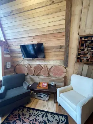 a living room with a couch and a tv on a wall at Fishermans Folly in Lund