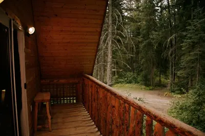 a wooden porch of a cabin in the woods at Rustic Dream Cabin at Beaverfoot in Parson
