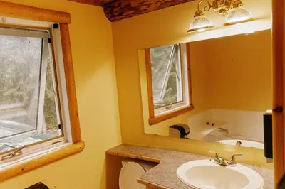 a bathroom with a sink and a mirror at Rustic Executive Cabin at Beaverfoot in Parson