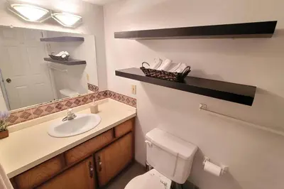 a bathroom with a toilet and a sink and a mirror at Cheerful 2BR suite, onsite free parking CARS or RV in North Vancouver