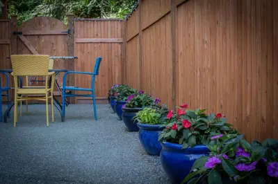 a row of blue potted plants next to a fence at Windslow Guest Suite at Kye Bay in Comox