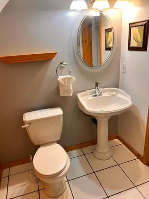 a bathroom with a toilet and a sink at Bear Cove Cottages in Port Hardy