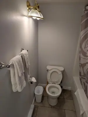 a bathroom with a toilet with towels and a light at Gordie's Inn & Suites in Alert Bay