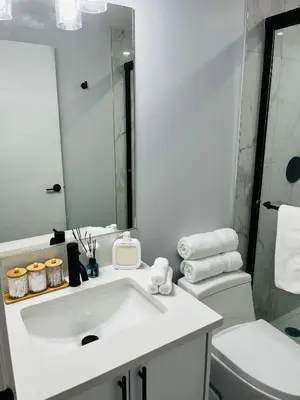 a bathroom with a sink and a toilet and a mirror at Amy's 2-Bedroom Residence in Calgary