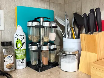 a kitchen counter with a blender and other kitchen utensils at Near Skytrain Metrotown Private Entry 3min walk to grocery food in Burnaby