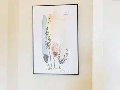 a framed drawing of flowers on a wall at 安静社区主楼层豪华主卧套房&独立浴室浴缸 in Coquitlam