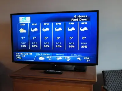 a flat screen tv sitting on top of a dresser at South Hill Motor Inn in Red Deer
