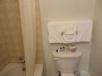 a bathroom with a toilet and a tub and towels at South Hill Motor Inn in Red Deer
