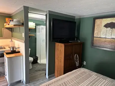 a bedroom with a bed and a television on a cabinet at Cozy cabin in Clearwater