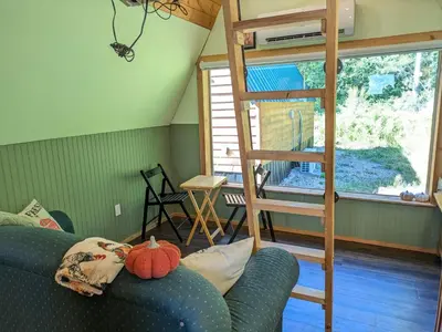 a living room with a ladder and a couch at Farmhouse cabin on 33 acre farm in Powell River