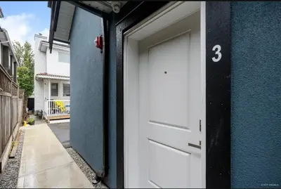 a door to a house with the number three on it at Entire new small home in Vancouver