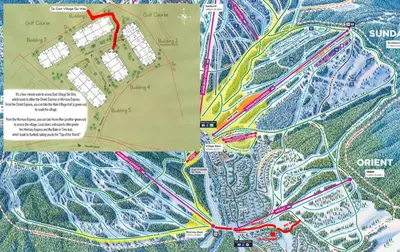 a map of a park with colored trails at Settler's Crossing #56 ski-in ski-out condo with private hot tub in Sun Peaks