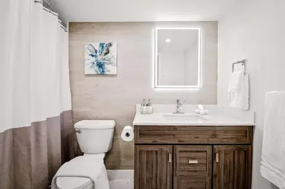 a bathroom with a sink and a toilet and a mirror at Whistler Village, Private Hot Tub, Free Parking in Whistler