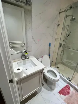 a bathroom with a sink and a toilet and a shower at Private Rooms in Vancouver West in Vancouver