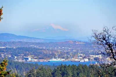 a view of a city with a mountain in the background at Charming 3 Bedroom Suite in Victoria