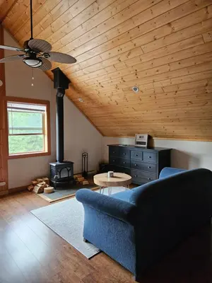 a living room with a couch and a stove at Carriage House - 2 suites- HIKE & REST - EV plug in Golden