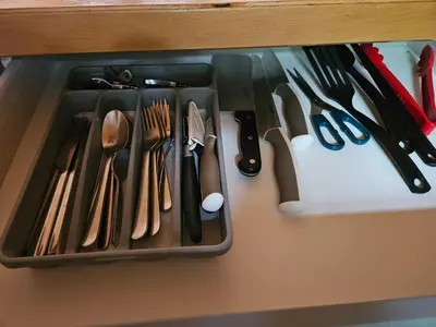 a tray of utensils sitting on top of a table at Carriage House - 2 suites- HIKE & REST - EV plug in Golden