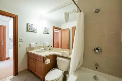 a bathroom with a toilet and a sink and a shower at Montebello 4877 by Outpost Whistler in Whistler