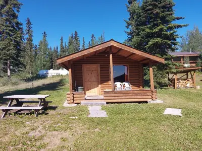 two dogs sitting in a cabin with a picnic table at Escott Bay Resort in Anahim Lake