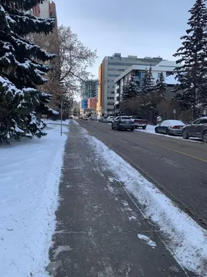 a snow covered street with cars parked on the road at Mission Historical Home in Calgary